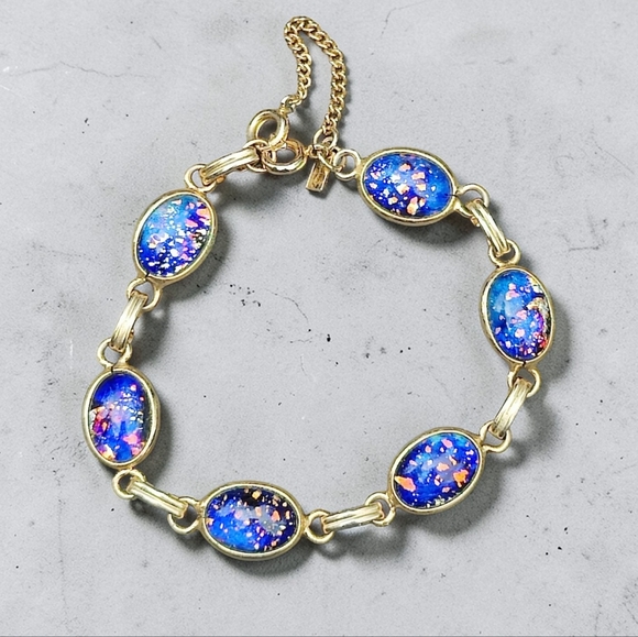 Vintage Jewelry - Vintage LongCraft Dichroic Art Glass Cab Bracelet With Safety Chain
